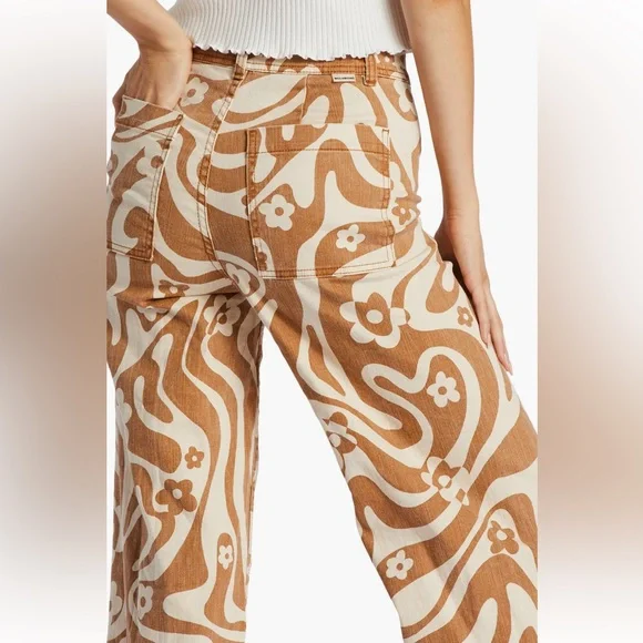 Billabong free fall high waisted wide leg pants orange white 70’s. Floral print - Picture 5 of 16